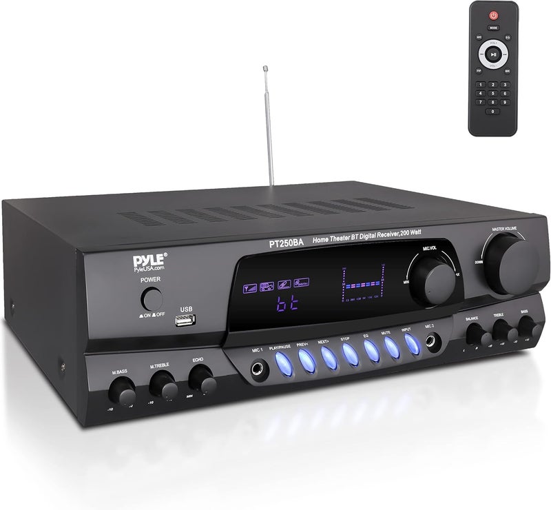 Pyle Wireless Bluetooth Power Amplifier System, 200 Watt Max, Home Theater Audio Stereo Receiver Box with FM/USB, Mic in, RCA Inputs, Echo & 2-Band EQ Control, Digital Display Screen - PT250BA - Image 1
